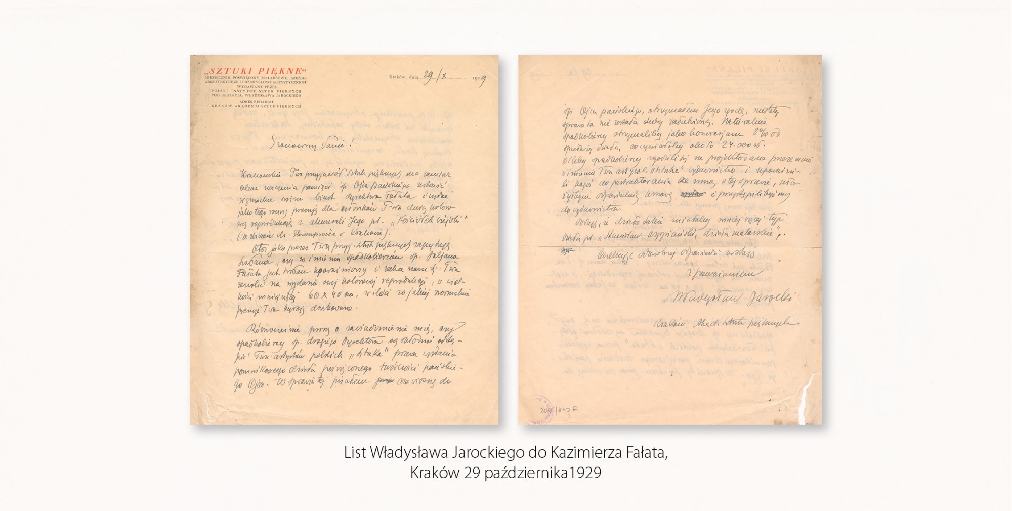 Karty listu Władysława Jarockiego do Kazimierza Fałata, napisanego z Krakowa 29 października 1929, dotyczącego przygotowań Towarzystwa Polskich Artystów „Sztuka” do wydania monograficznej publikacji poświęconej Fałatowi